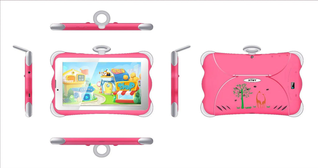 Children's 7-inch learning tablet in cartoon colours with protective stand and charger