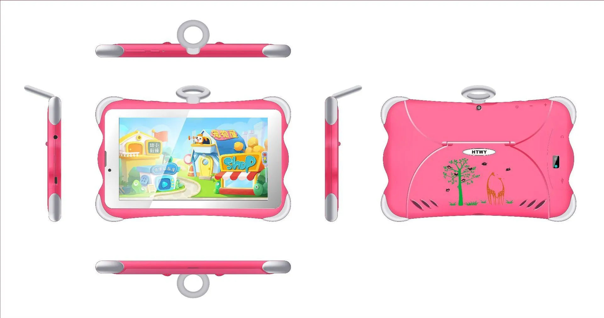 Children's 7-inch learning tablet in cartoon colours with protective stand and charger