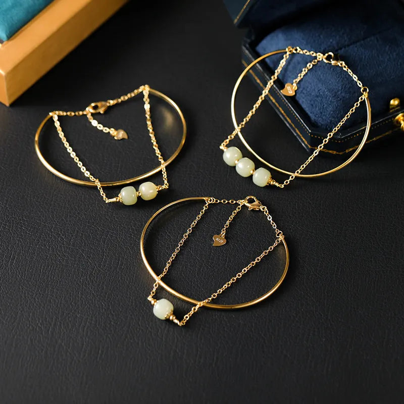 Hetian jade lucky beads bracelet for women with gold inlay treatment