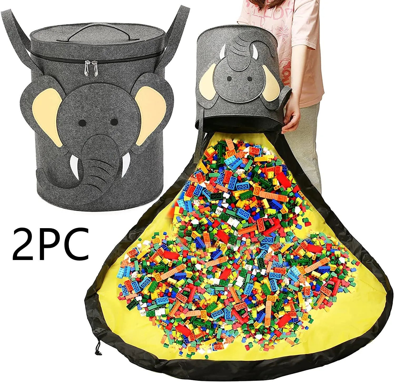 Green felt cube storage bag open as play mat with toys inside and pull rope visible