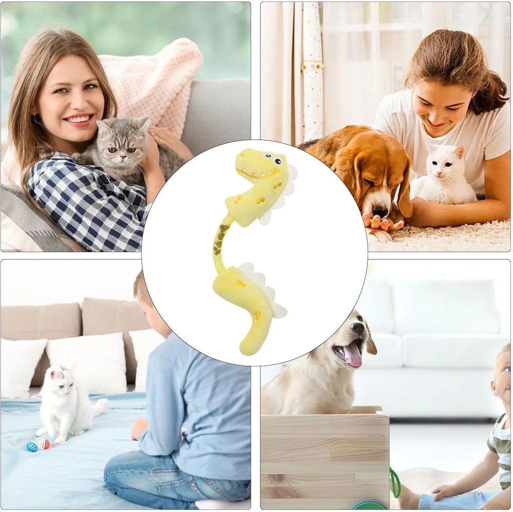 Set of four cat toys including plush fish, bunny, mouse shapes with rope toys and springs