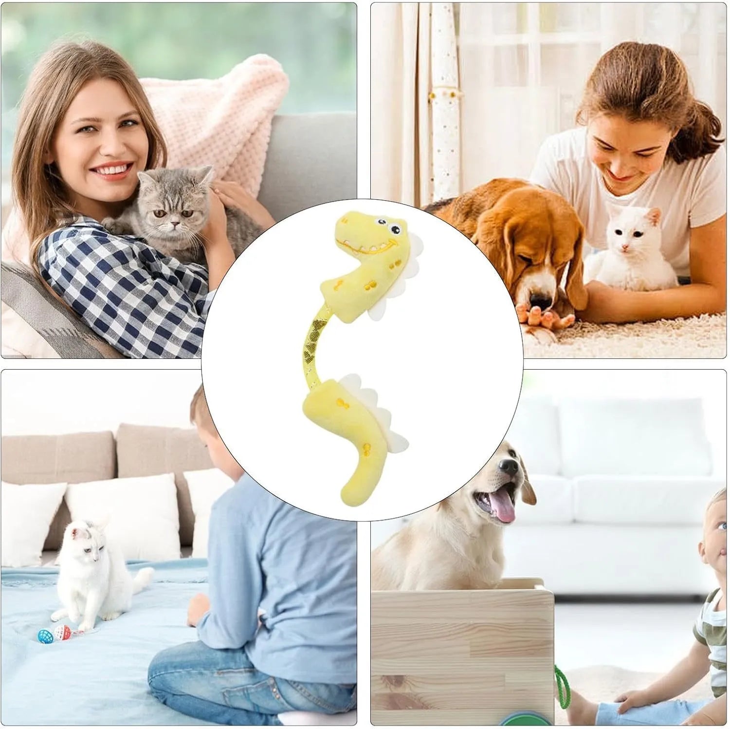 Set of four cat toys including plush fish, bunny, mouse shapes with rope toys and springs