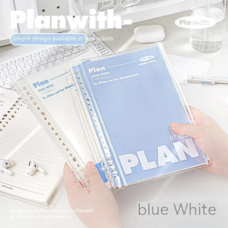 A5 PVC loose spiral notebook binder in blue or white colour with clear front cover
