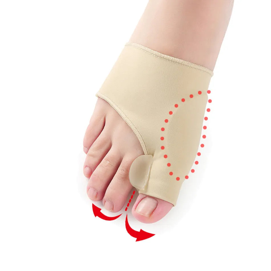 Corrective toe socks with silicone gel bunion pad and toe separator in sizes S, M, L.