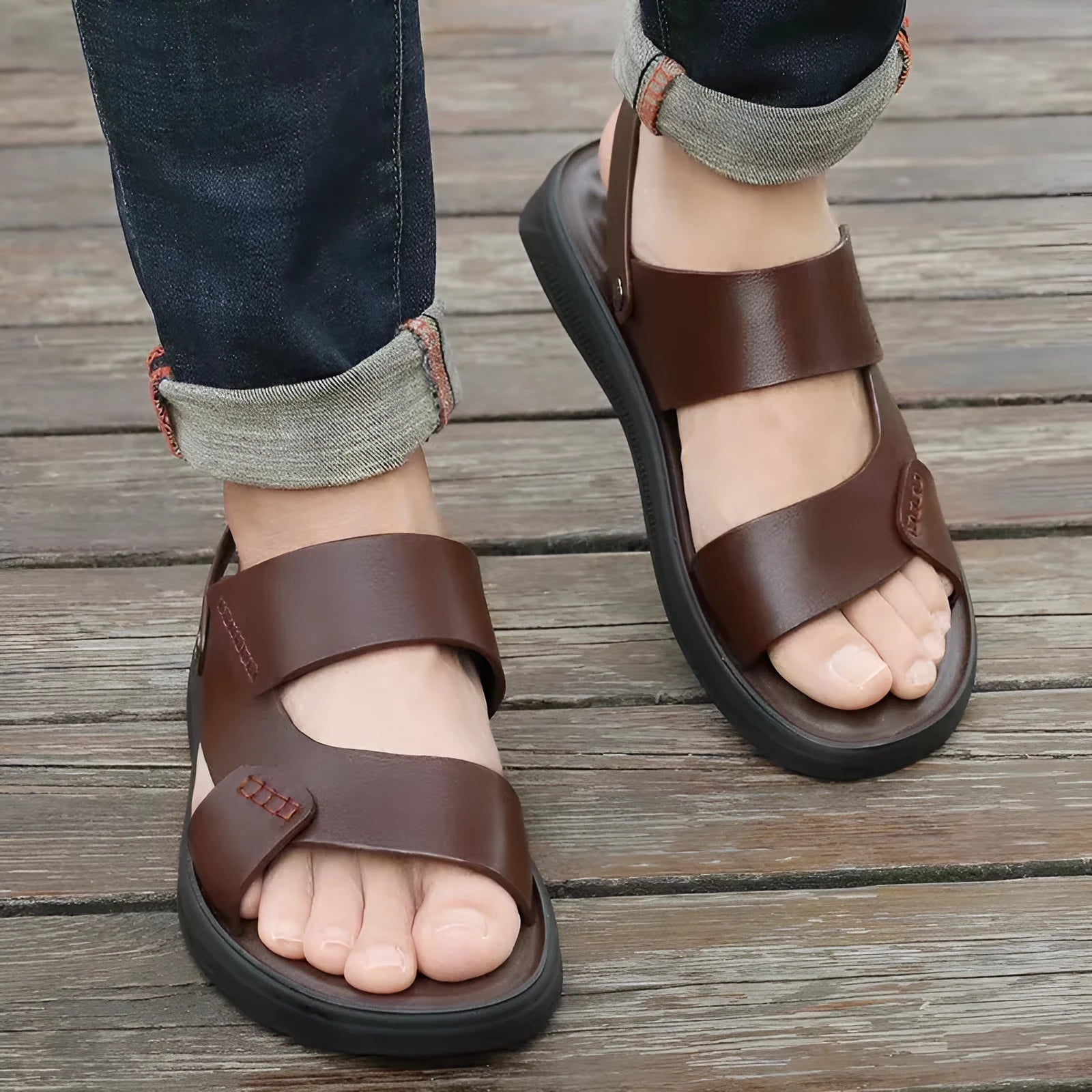 Men's waterproof plastic beach sandals in brown and black colours showing slip-on casual design