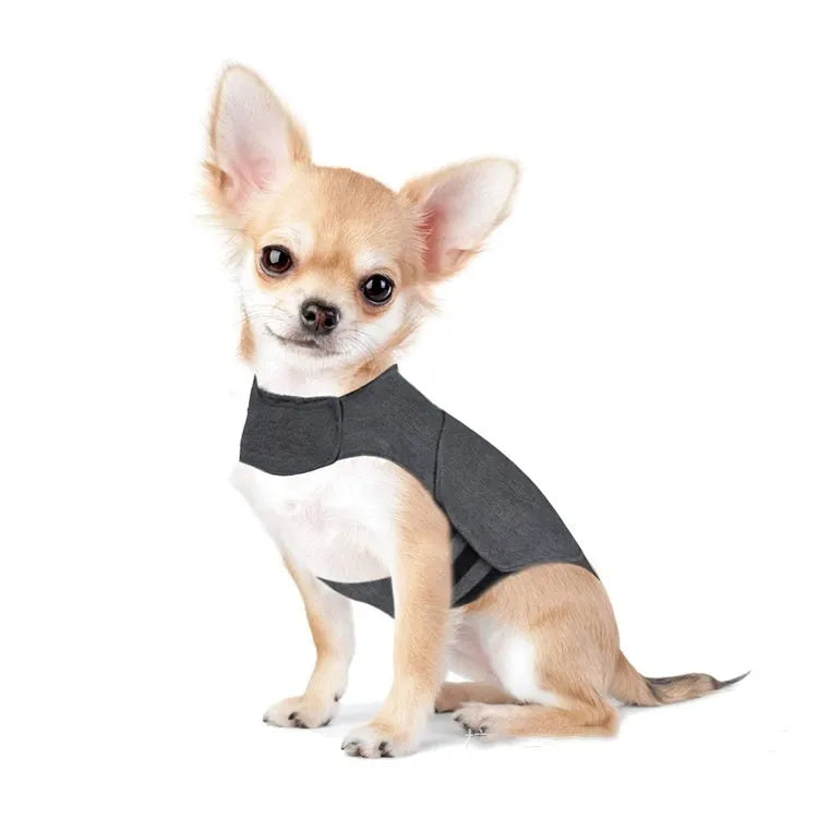 Heather Grey dog anxiety jacket or calming vest on a mannequin, showing soft fabric and secure fit.