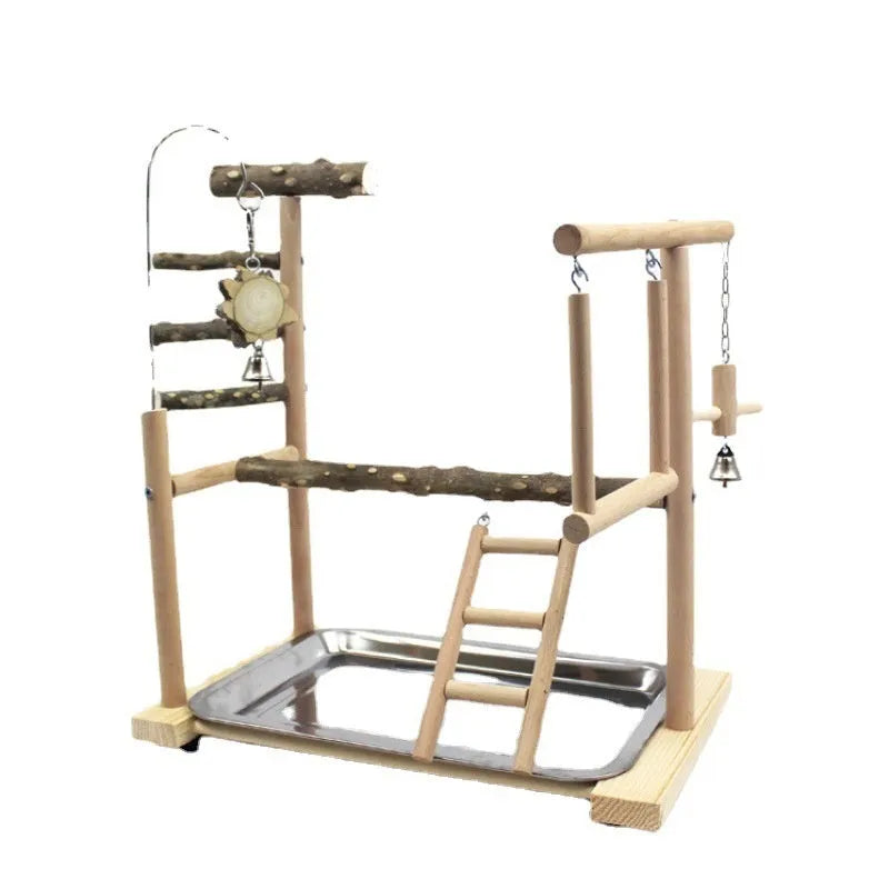 Pepper wood parrot stand with platform, pole, and attached patterned chew toys