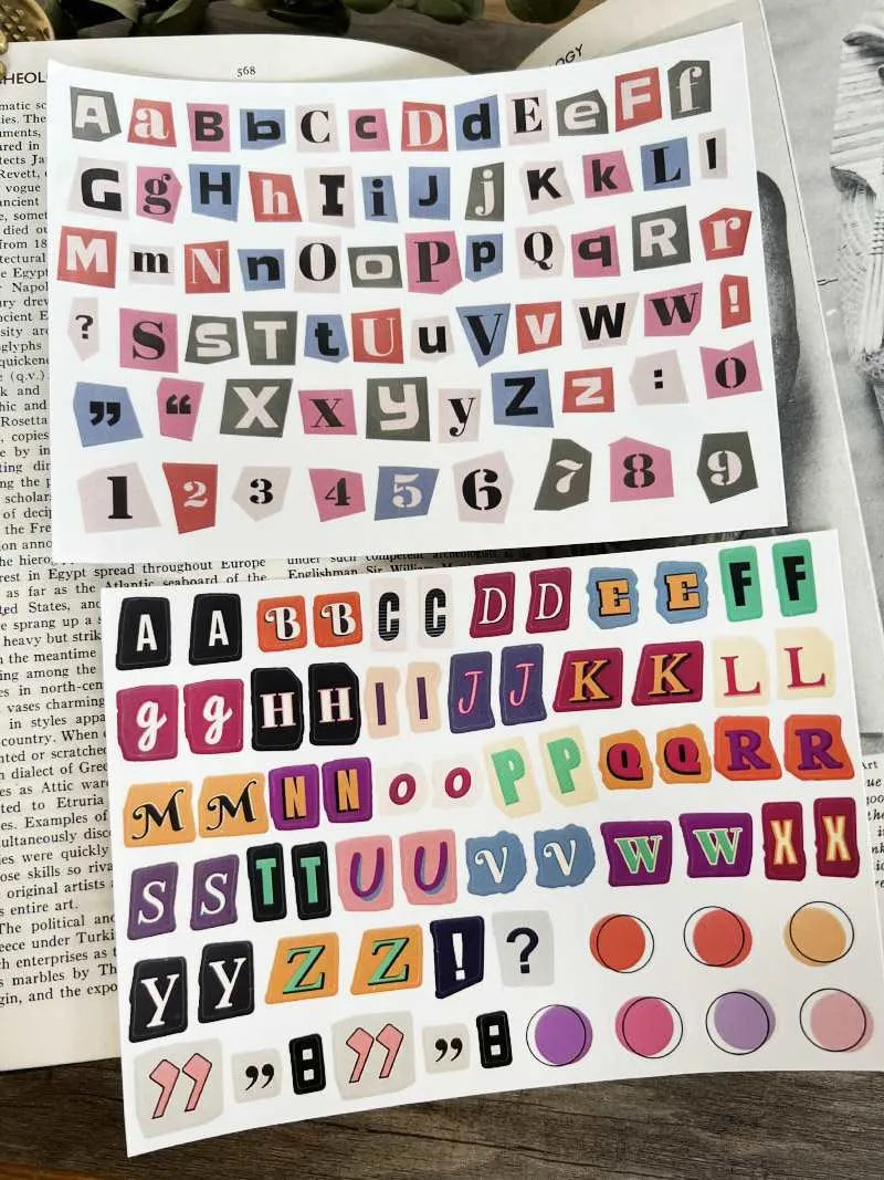 Set of cute style printed stickers featuring English letters, numbers, symbols, and weekday words for decoration and labelling.
