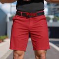 Men's solid colour straight leg elastic waist shorts in apricot, shown as fifth pants length.