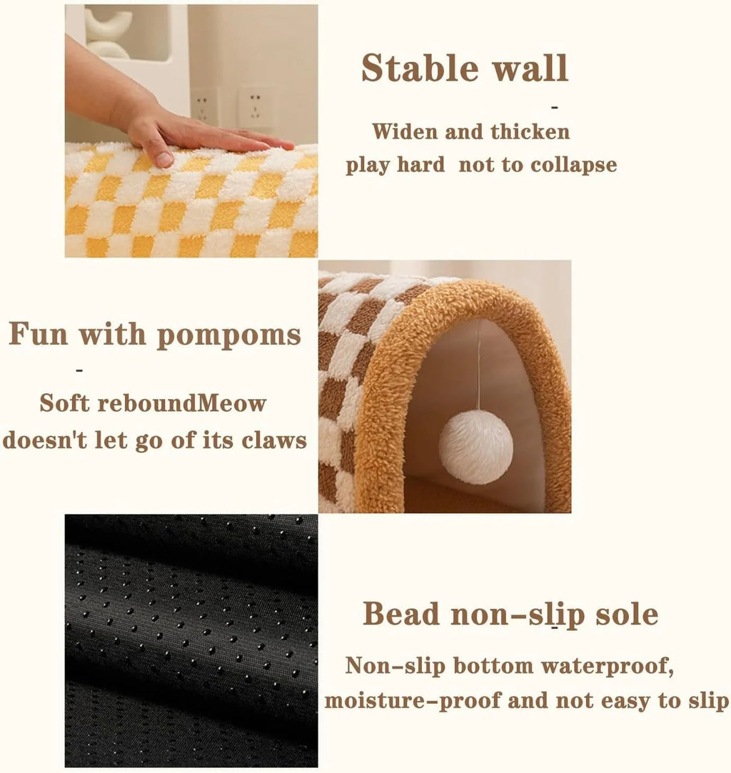 Brown plush plaid XL cat tunnel bed with central mat and non-slip bottom for indoor cats.