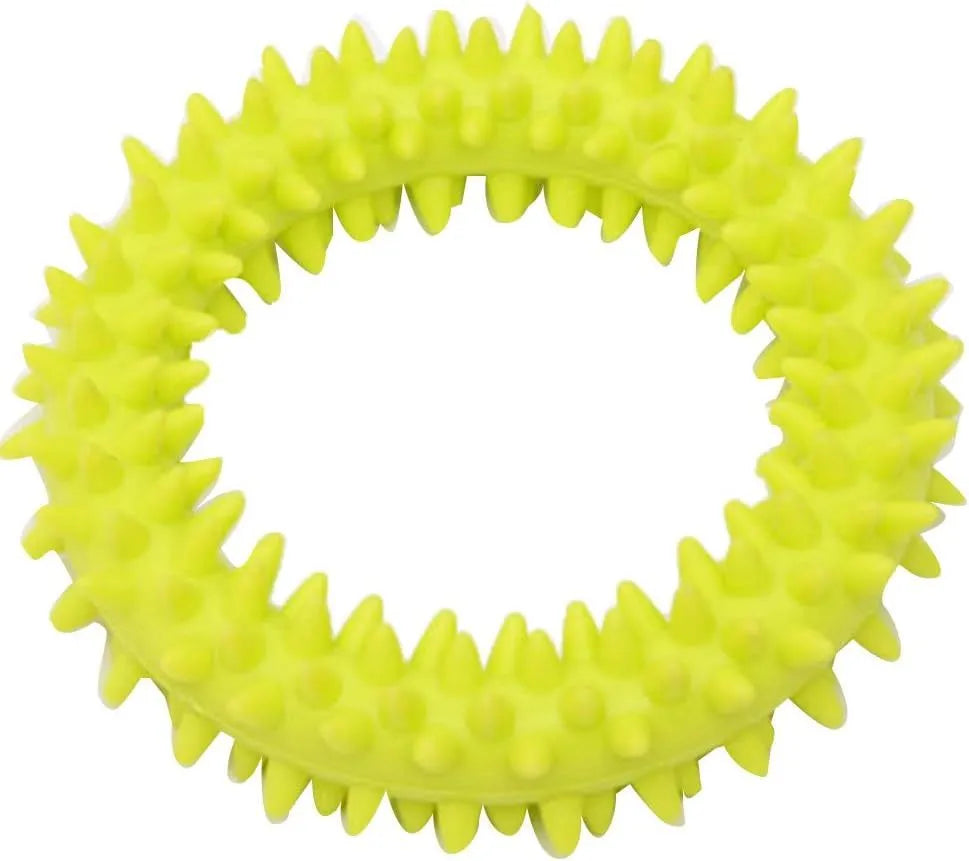 Blue TPR spiky circle dog chew toy on a white background showing dental nubs and ring shape.