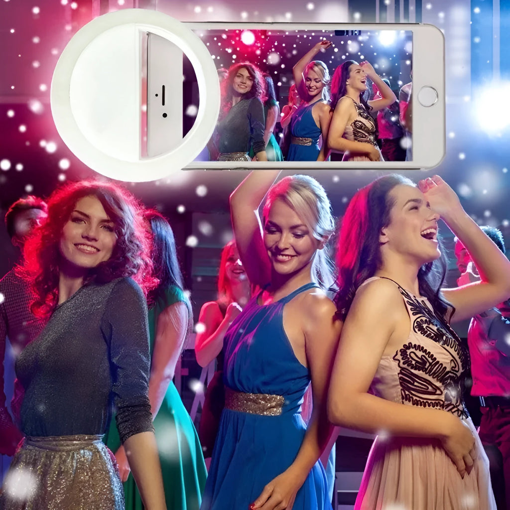 Clip-on selfie ring light attached to mobile phone for photography lighting