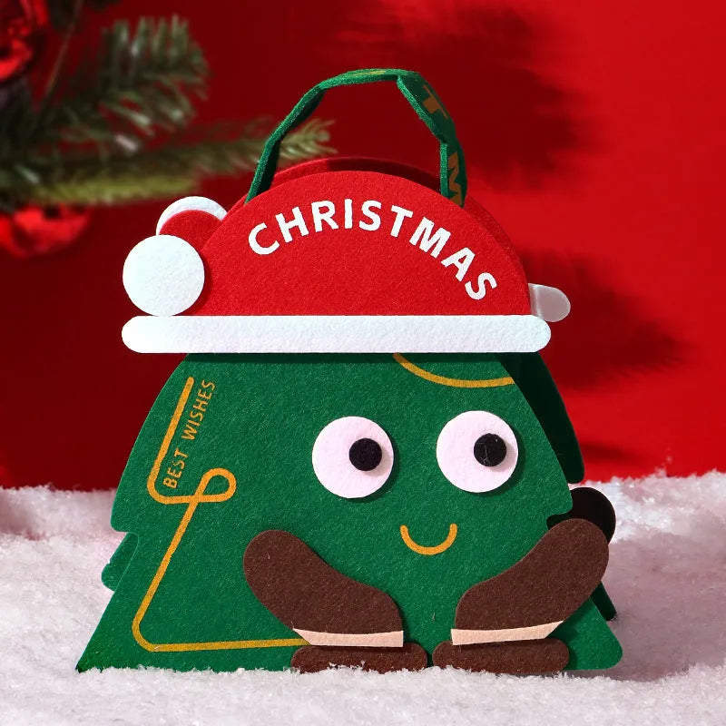 Christmas felt gift bag in green and red with cartoon design for gift packaging
