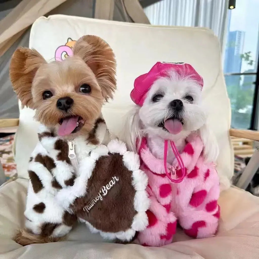 Small dog wearing plush polyester warm coat in pink colour, suitable for Teddy, Bichon and Pomeranian breeds