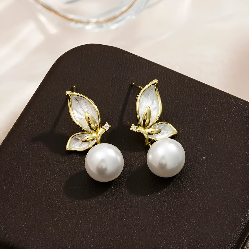 Women's butterfly earrings with zircon painting oil accents on copper with electroplating finish