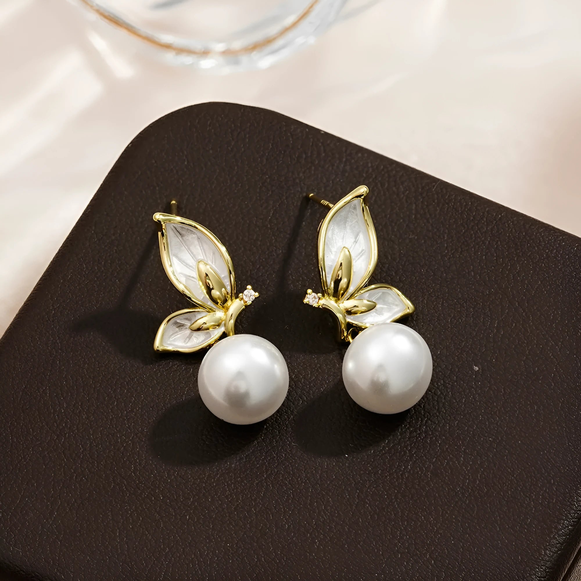 Women's butterfly earrings with zircon painting oil accents on copper with electroplating finish