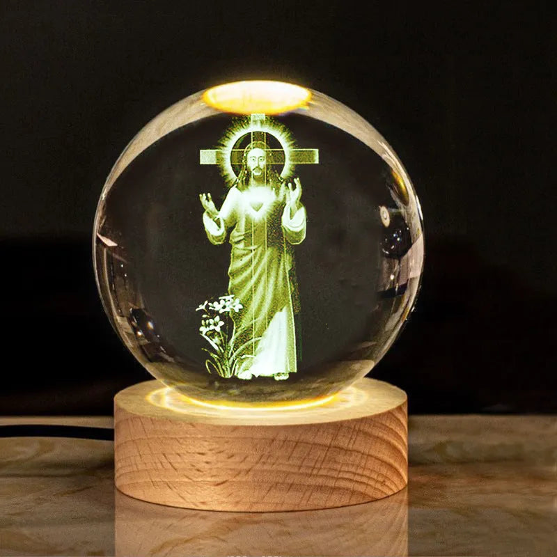 White crystal ball lamp on solid wood base with religious purity designs inside