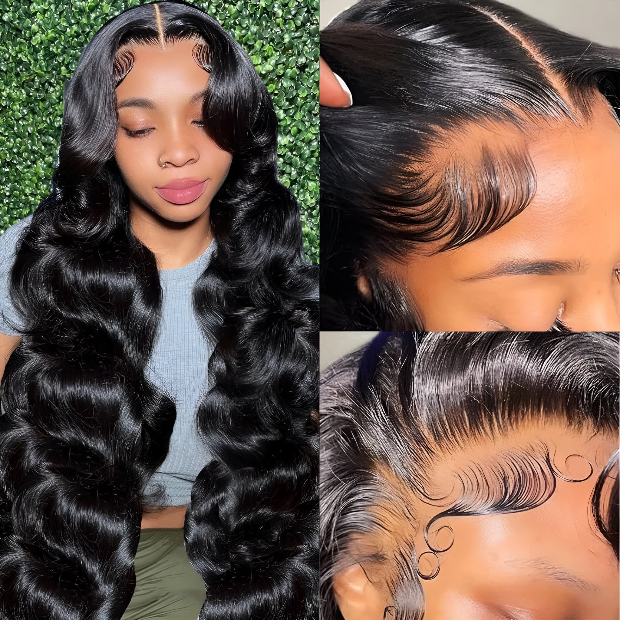 Black medium length curly synthetic wig showing defined wave pattern and full-head coverage
