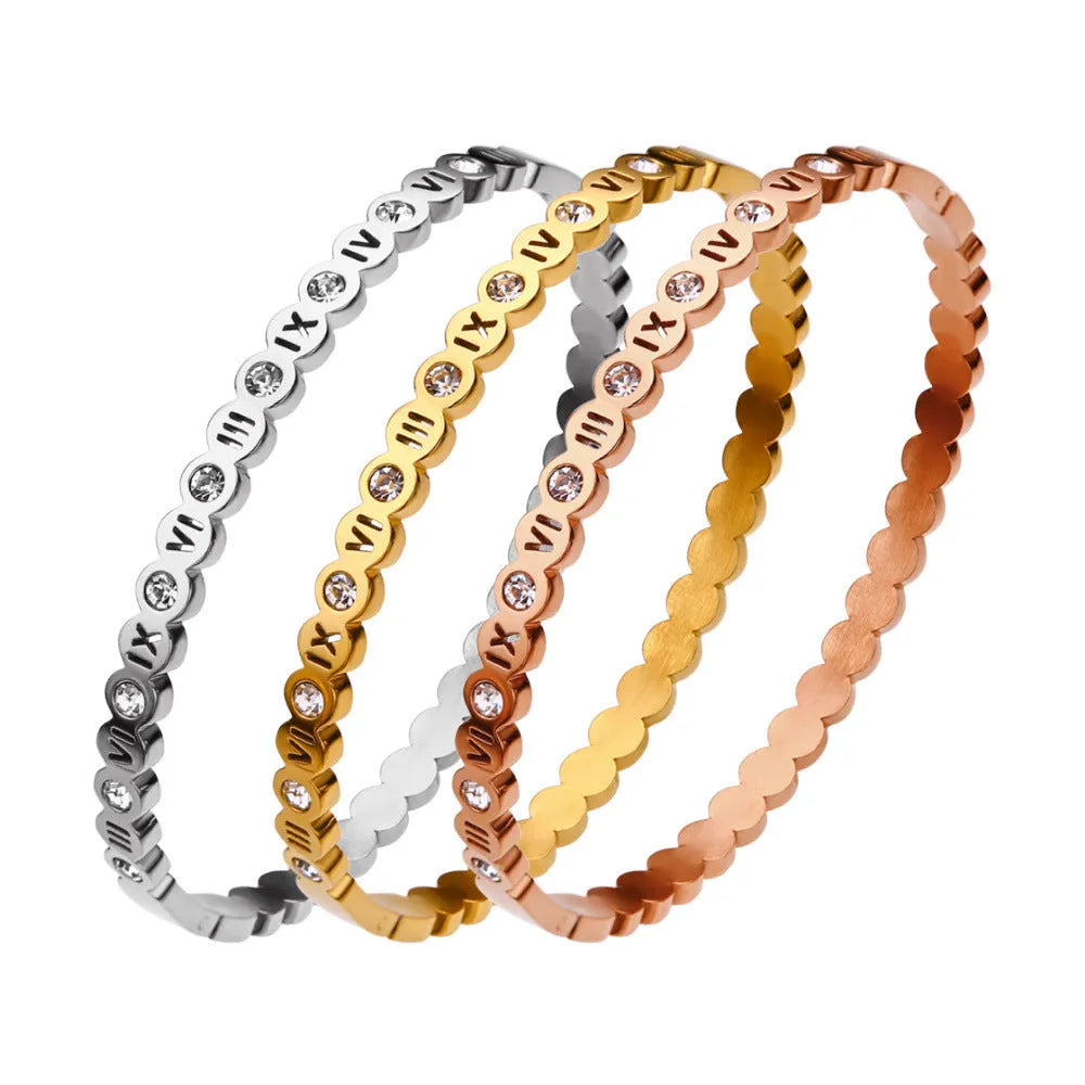Korean style titanium steel number bracelet in electroplated gold, rose gold or steel colour