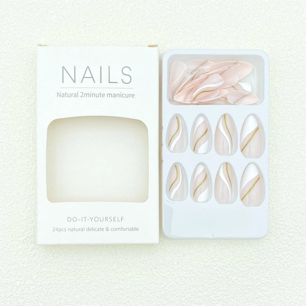 Plastic wearable nail stickers in JF0518 plaid pattern with medium drop shape and jelly glue backing.