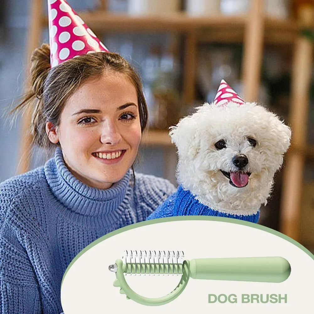 Blue dinosaur-shaped cat brush with stainless steel pins for self-cleaning grooming and dematting