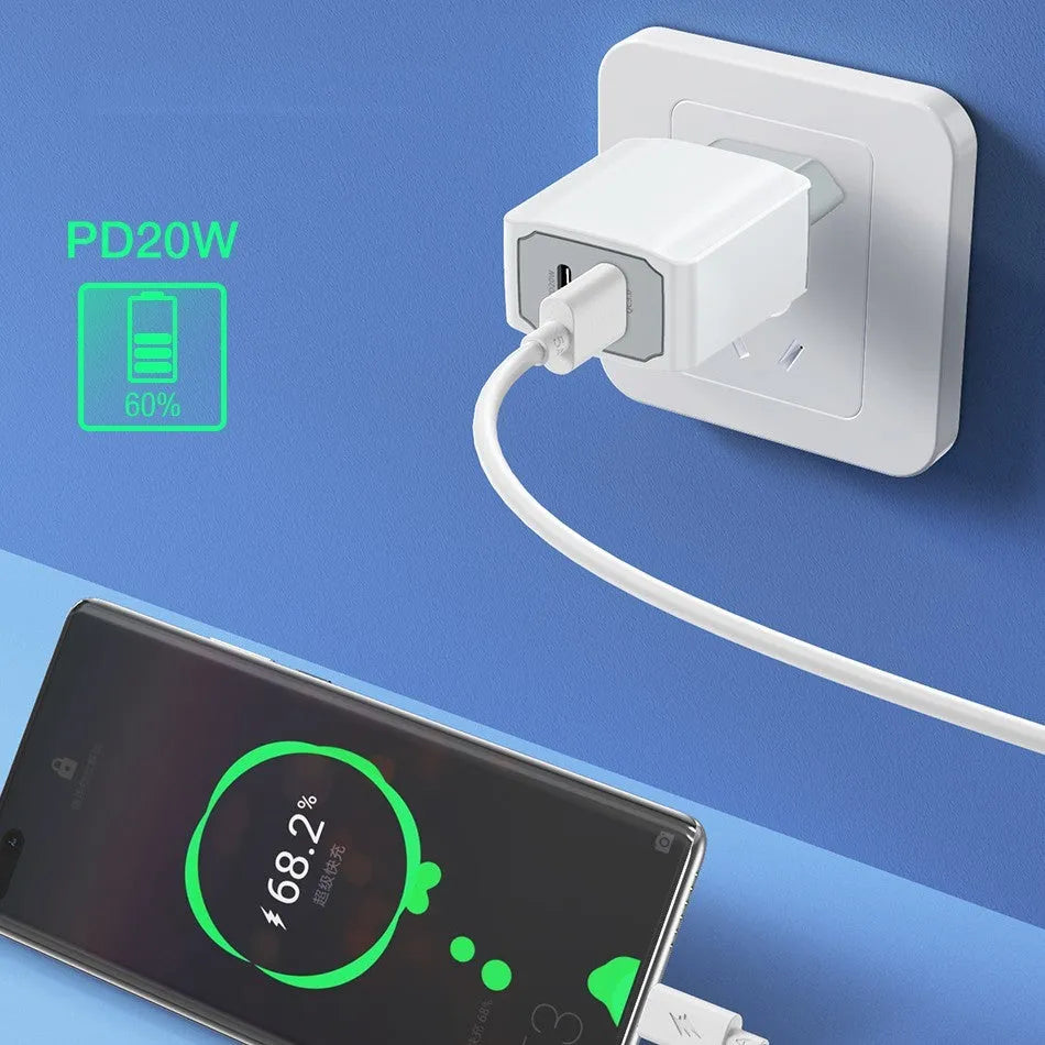 White European standard phone fast charger set with 42x23x85mm dimensions