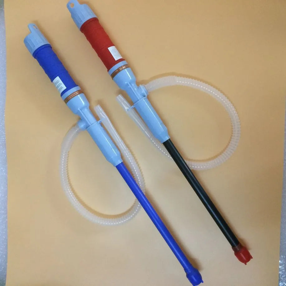 Blue manual hand siphon pump for transferring fuel and oil