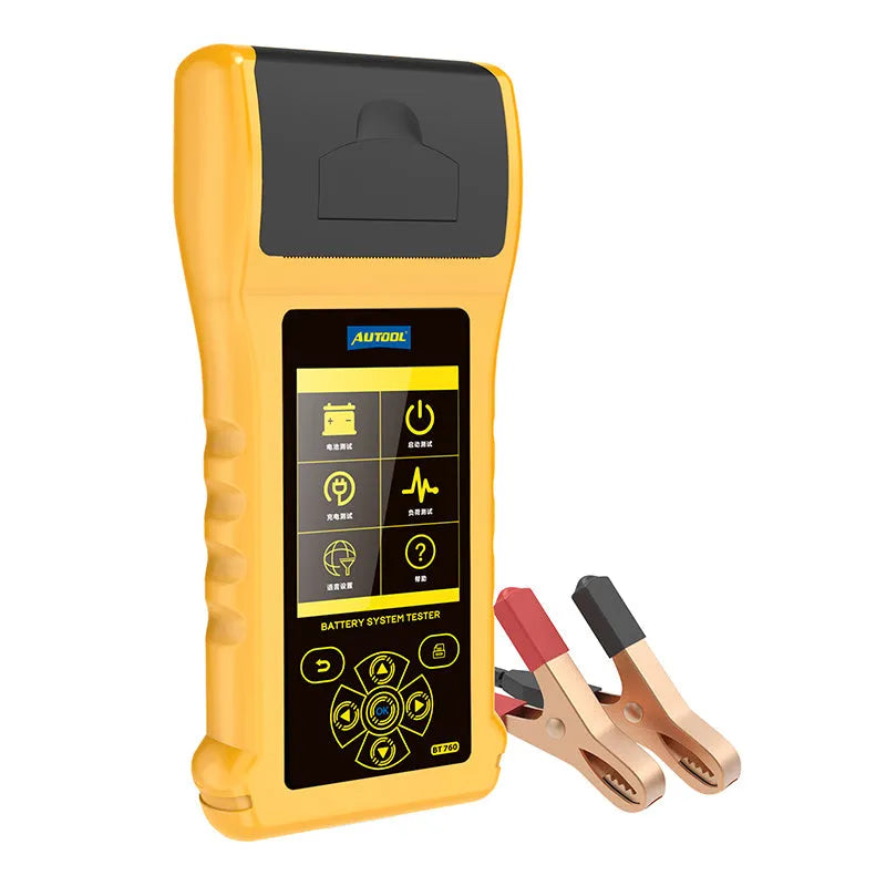 Autool BT760 colour screen vehicle battery tester with red and black clips and printed diagnostic receipt.