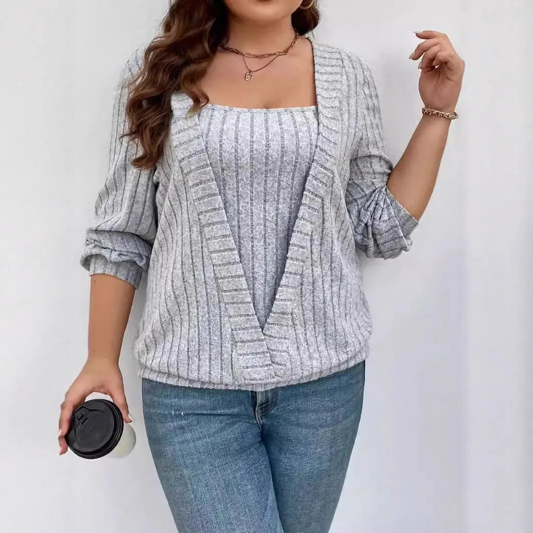 Women's solid colour V-neck false two-piece suit with long sleeves in ribbed fabric