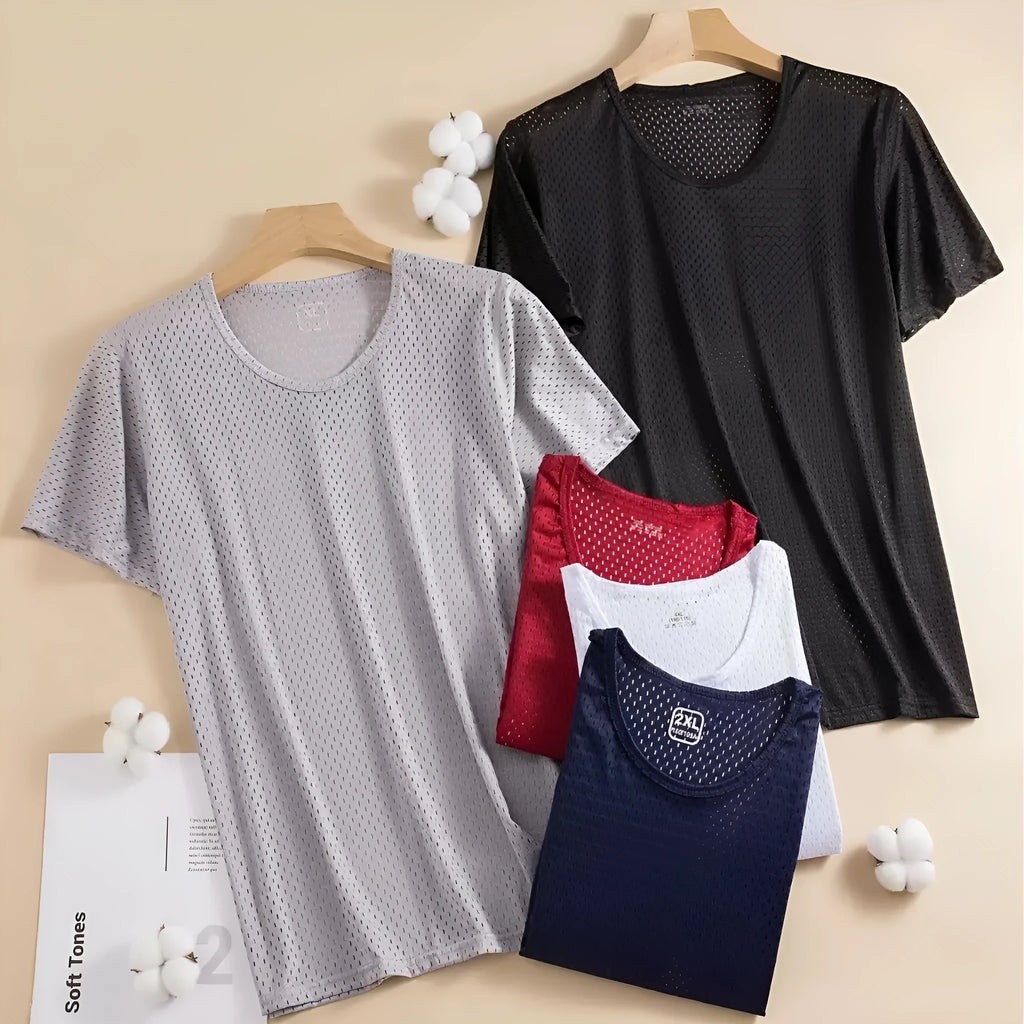 Man wearing a loose-fit grey ice silk short sleeve t-shirt on a summer day.