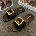 Women's casual flat slippers in apricot, black and khaki with a textured PVC sole.