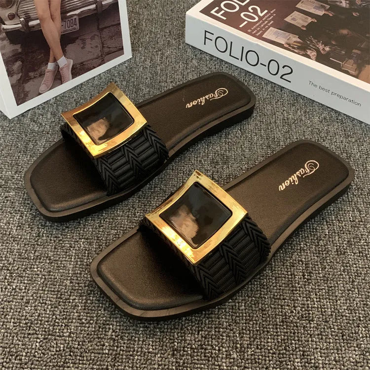 Women's casual flat slippers in apricot, black and khaki with a textured PVC sole.