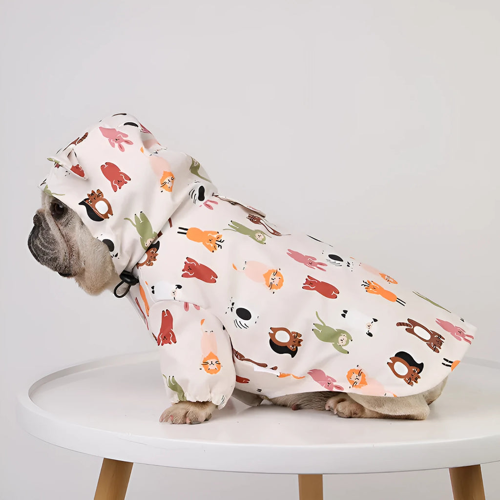 Beige cartoon dog raincoat with double waterproof coating in small animal or cat head design