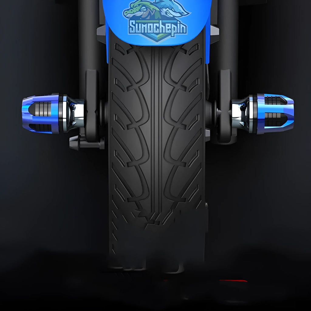 A pair of aluminium alloy fork cups with an anodised coloured finish, for vehicle front axle applications.