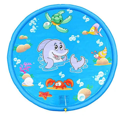 Blue PVC children's water spray play mat with marine animal prints, connected to a garden hose.