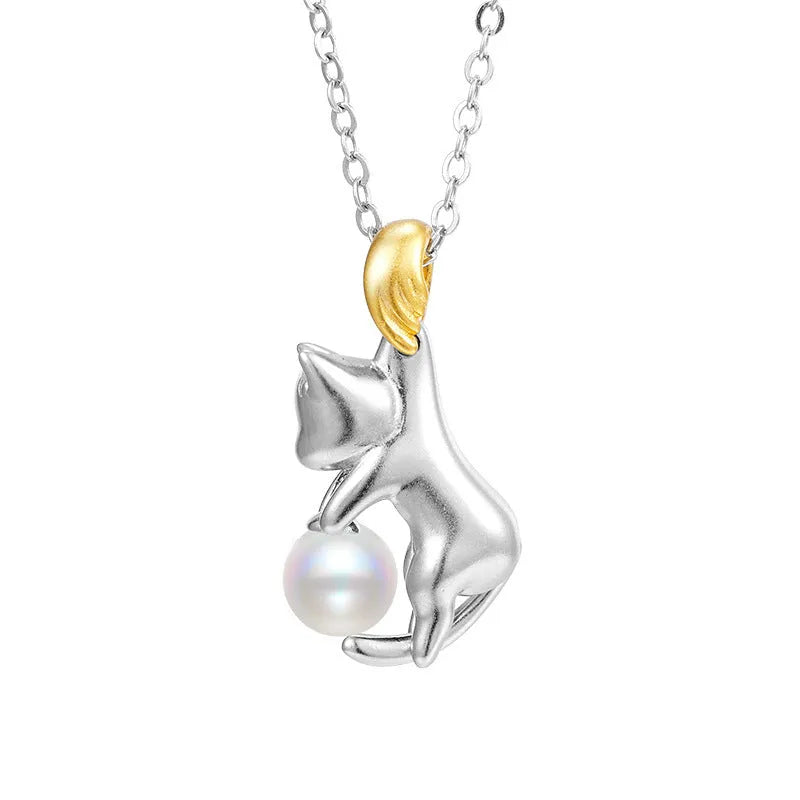 925 sterling silver cat motif clavicle chain necklace with adjustable length