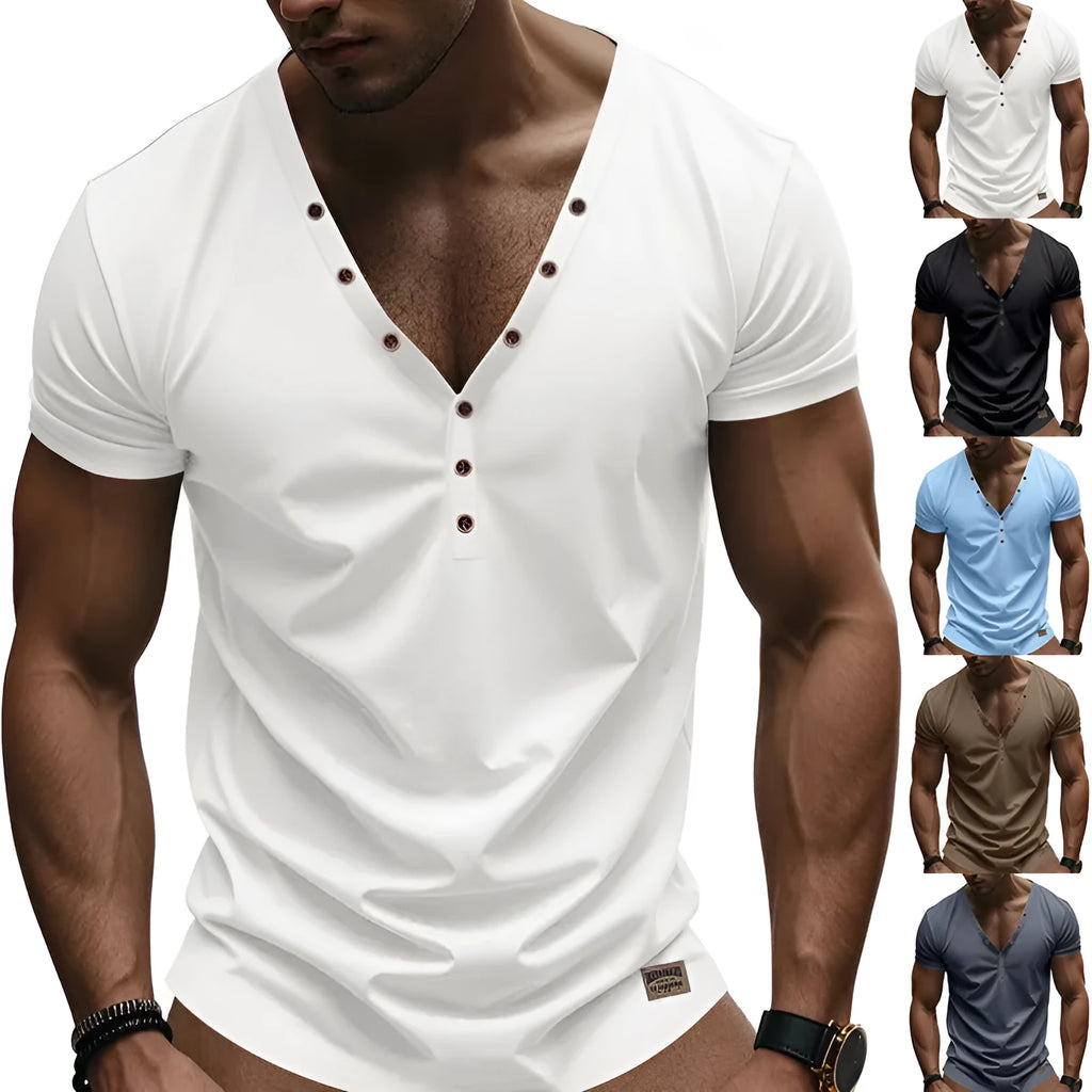 Man wearing a loose-fit grey V-neck button-front casual sports top.