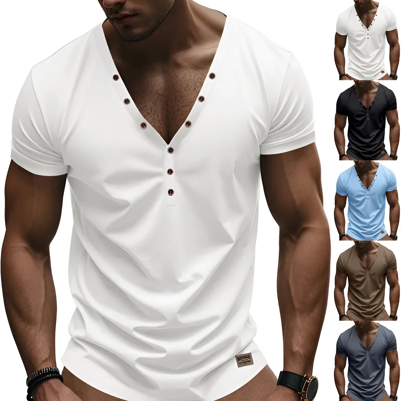 Man wearing a loose-fit grey V-neck button-front casual sports top.