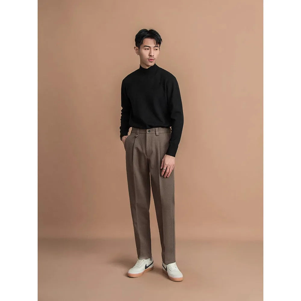 Men's straight-leg polyester trousers in black, dark grey, khaki, and brown colours for business casual winter wear