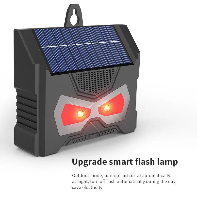 Black solar-powered ultrasonic animal repeller for outdoor gardens with adjustable frequency