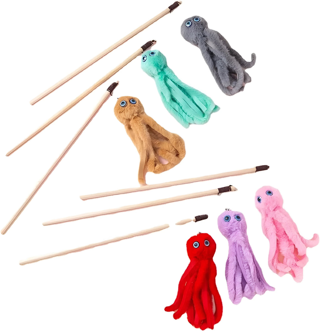 Octopus cat toy on 40cm stick in four colours for indoor feline play