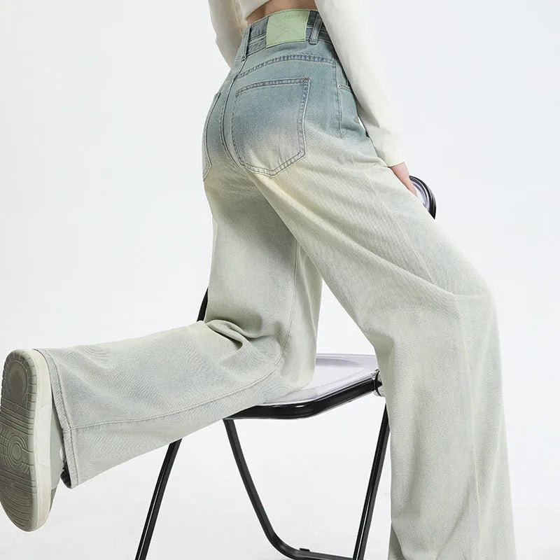 Women's gradient blue straight-leg denim trousers with wide leg design on 100% cotton fabric