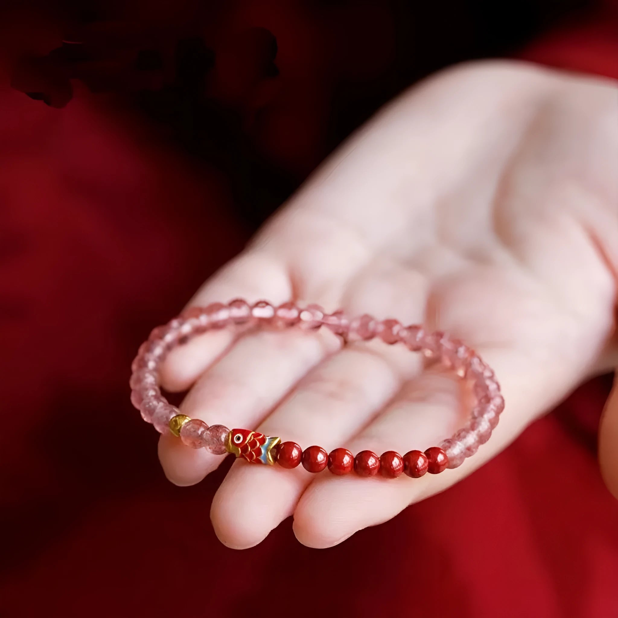 Purple cinnabar and strawberry quartz beaded bracelet with retro design for women.