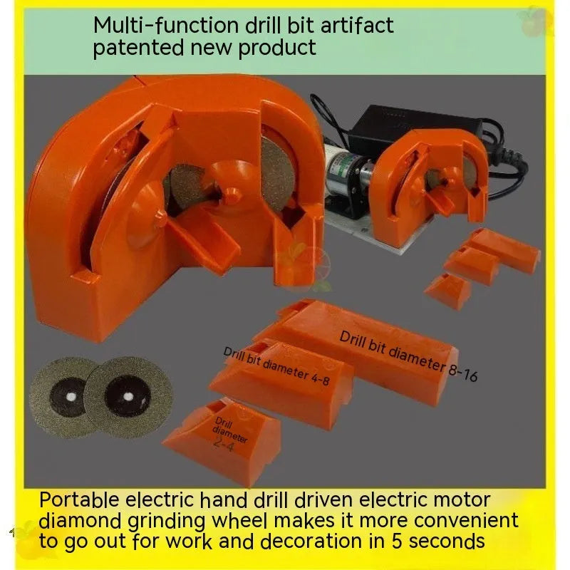 Portable grinding drill tool with orange and black sander sets and replacement wheels