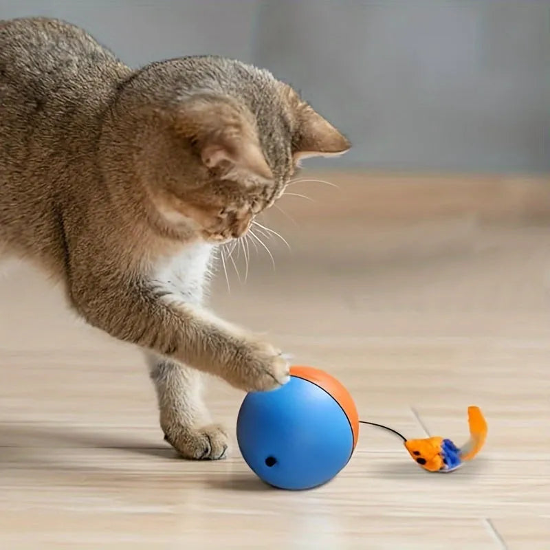 Interactive cat toy with blue and orange exercise ball and attached plush mouse