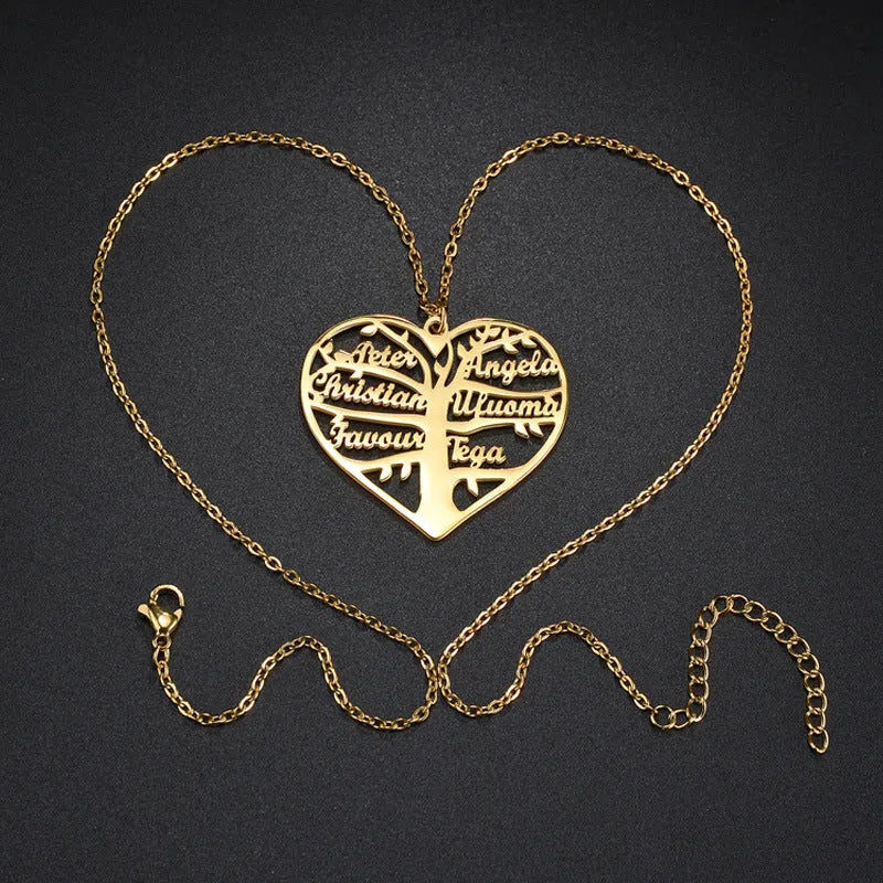 Personalised women's stainless steel necklace with a hollow heart and tree pendant engraved with names, shown on a model.