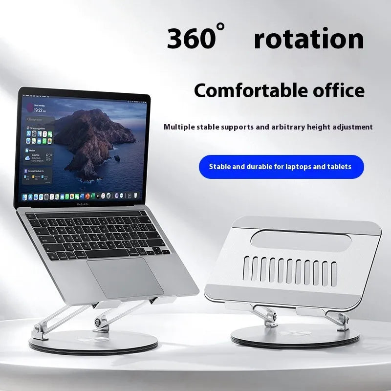 Silver aluminium laptop stand with height adjustment and rotation features