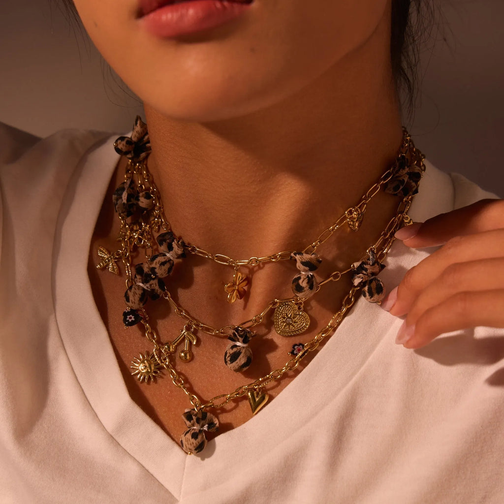 Leopard pendant necklace with love heart flowers on stainless steel chain