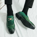 Men's black Korean style pointed toe leather shoes with low top and rubber sole on a white background