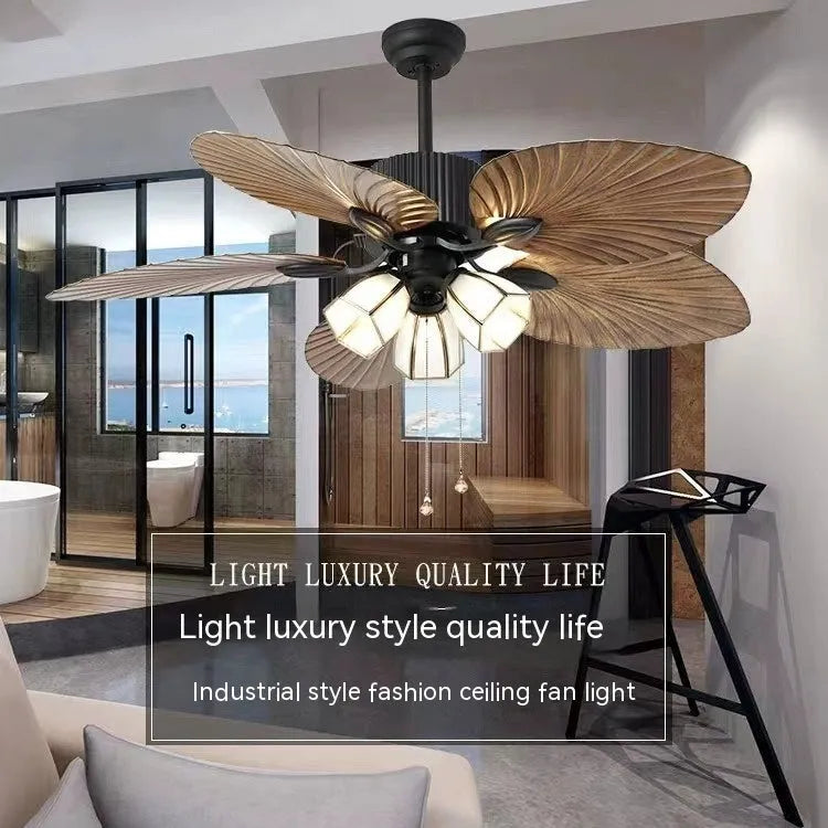 52-inch retro ceiling fan light with integrated lamps and wooden blades